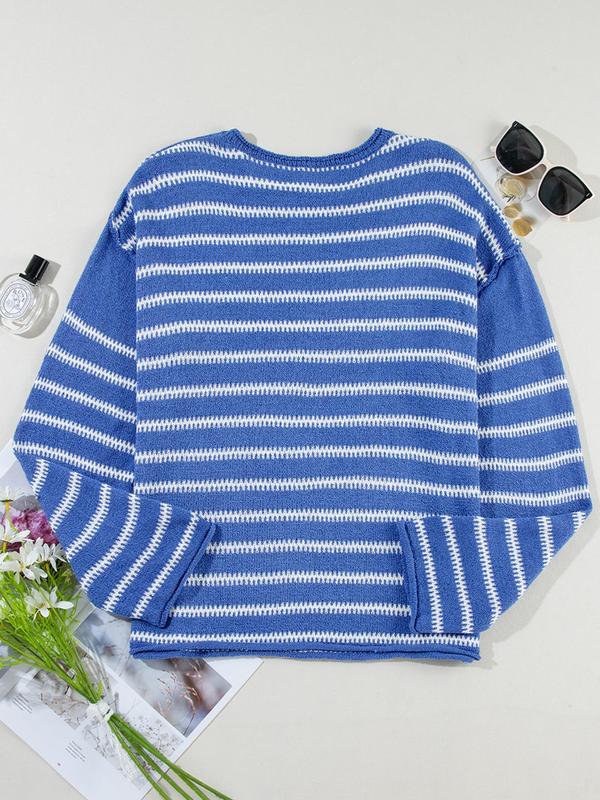 Women's Striped Print Drop Shoulder Sweater, Casual Top Stitching Long Sleeve Round Neck Jumper for Spring & Fall, Fashion Women's Knitwear for Daily Wear