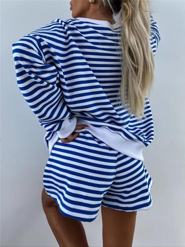 Women's Striped Print Drop Shoulder Tee & Elastic Waist Shorts Two-piece Set, Casual Fashion Cozy Breathable Two Piece Outfits for Daily Outdoor Wear, Women Clothes for Spring & Fall