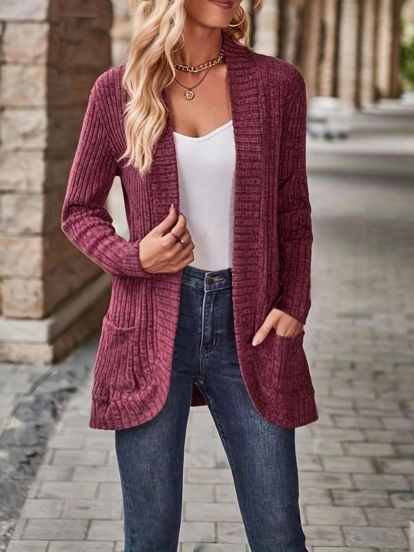  Solid Pocket Open Front Cardigan, Cardigan for Women, Casual Long Sleeve Ribbed Cardigan for Fall & Winter, Women's Plus Clothing for Daily Wear