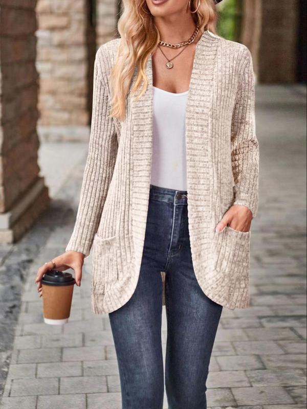  Solid Pocket Open Front Cardigan, Cardigan for Women, Casual Long Sleeve Ribbed Cardigan for Fall & Winter, Women's Plus Clothing for Daily Wear