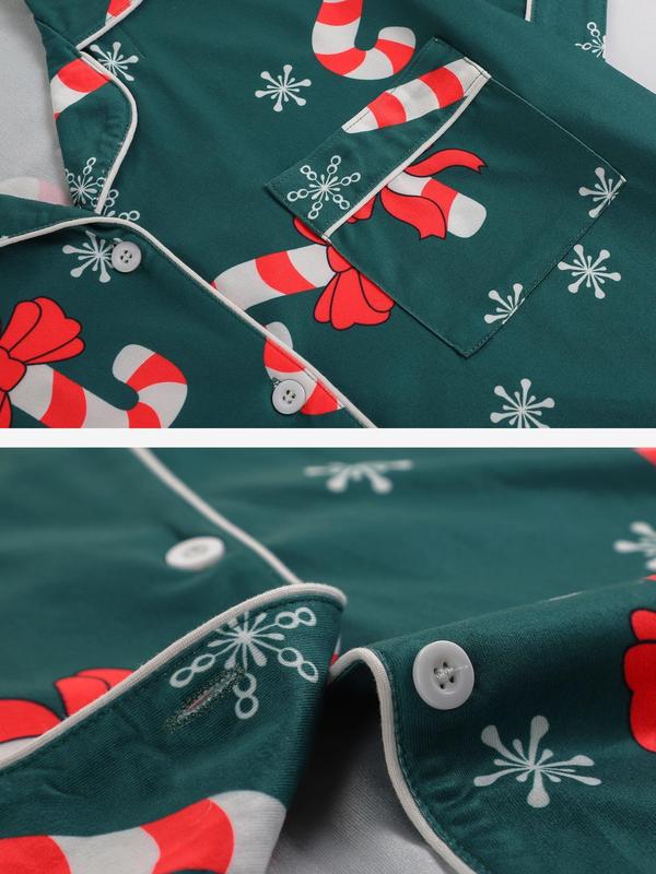  Two-Piece Set Christmas Candy Cane Print Lapel Neck Pajama, Casual Comfy Half Sleeve Pocket Shirt & Shorts Set, Women's Sleepwear for All Seasons