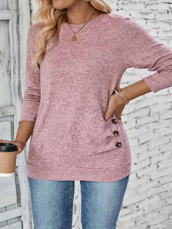  Solid Fake Buttons Decor Long Sleeve Tee, Casual Round Neck T-shirt for Fall & Winter, Women's Clothing for Daily Wear