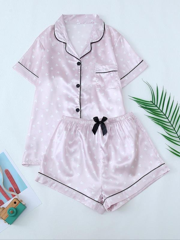 2 Counts Women's Heart Print Bow Front Pyjama Set, Casual Button Shirt & Elastic Waist Pants Soft Satin Pj Set, Summer Clothes Women, Plz Purchase A Size Up