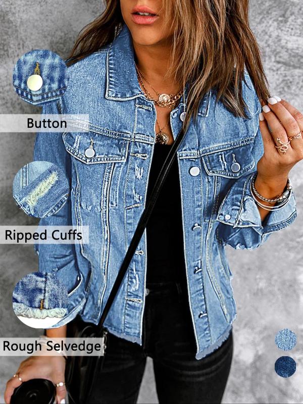 Women's Plain Button Front Raw Hem Denim Jacket, Casual Long Sleeve Collared Pocket Outerwear for Daily Wear, Ladies Tops Clothes for All Seasons