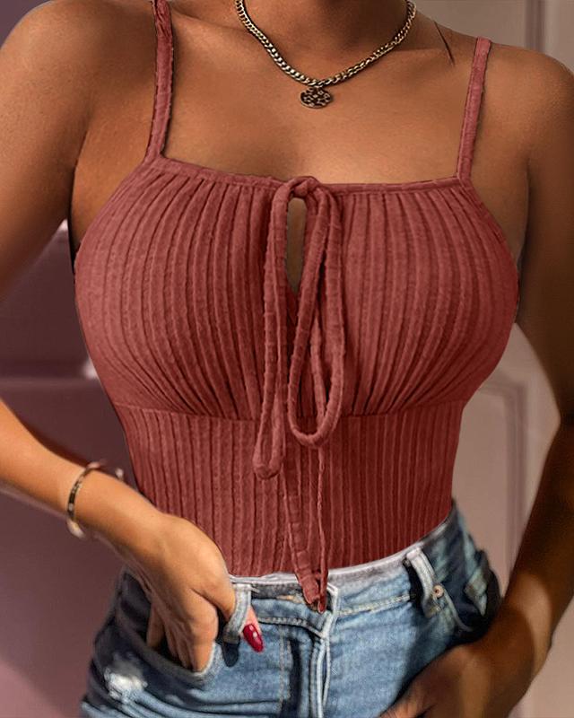 Chicme Tied Detail Ribbed Cami Top align tank croptopswomenlatina Fit Sleeve Spaghetti Spaghetti Strap