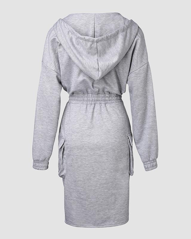 ChicMe Women's Long Sleeve Sweatshirt Dress Drawstring Waist Hoodie Dress with Flap Pockets Pullover Casual Dress