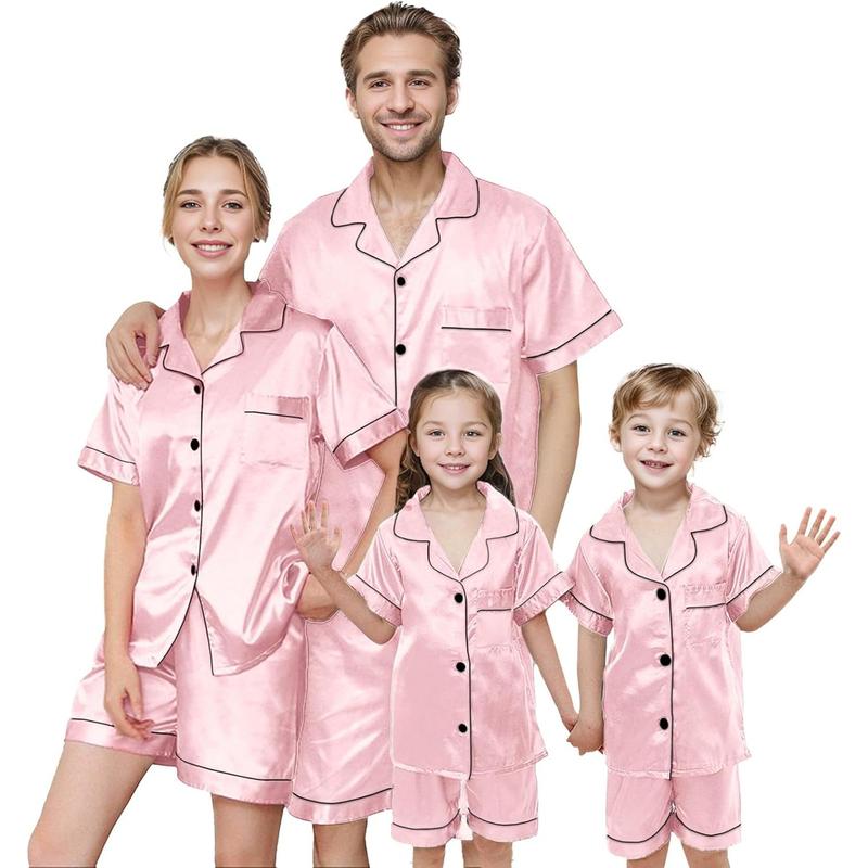 Matching Family Silk Pajamas Set Button Down Loungewear 2count Top and Shorts Pjs for Couples with Pocket