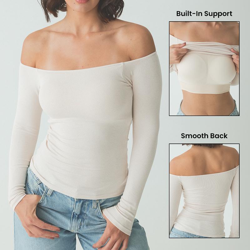 Braless Off the Shoulder - Built-In-Bra & Customizable Padding - Women's Long Sleeve Top