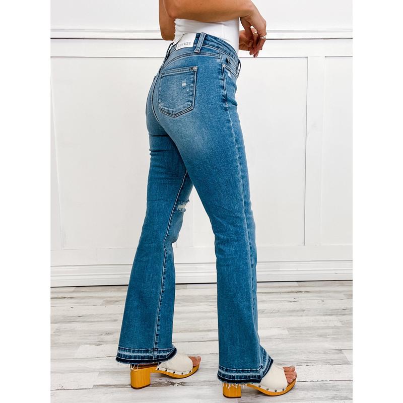 Judy Blue American Girl Mid-Rise Distressed Hem Bootcut Jeans