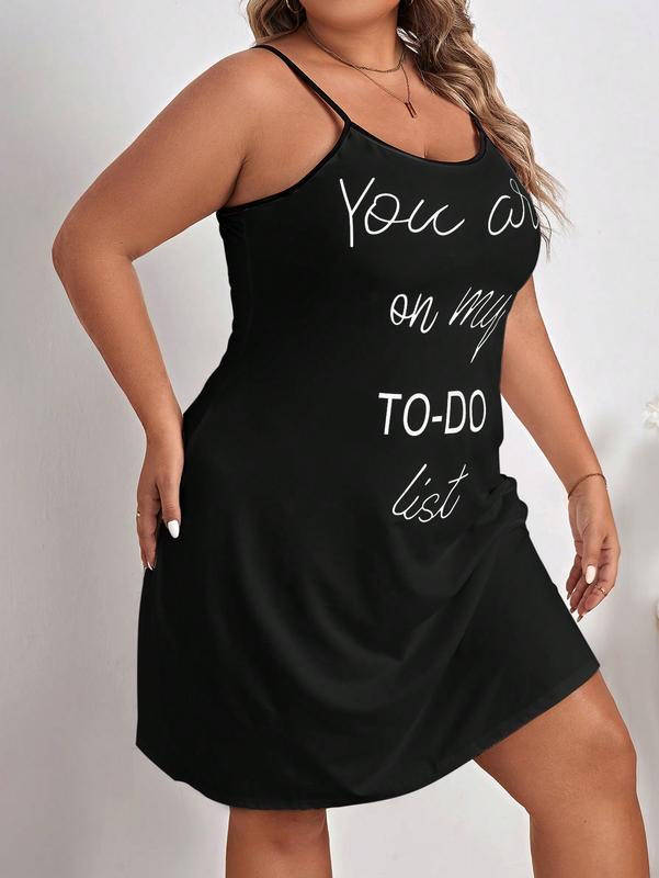 Plus Slogan Graphic Contrast Binding Cami Pajama Nightdress lady loungewear