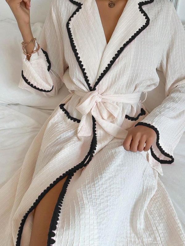 Women's Contrast Binding Belted Pocket Lounge Robe, Casual Flounce Sleeve Lapel Neckline Dressing Gown, Ladies Sleepwear for Spring & Fall