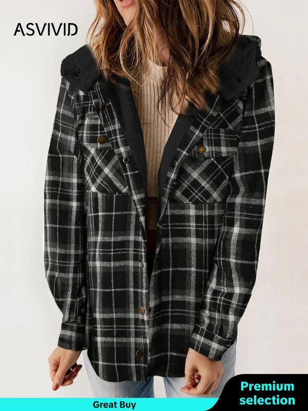 Women's Plaid Print Button Front Hooded Coat, Casual Mufti Clothes, Long Sleeve Pocket Coat for Fall, Ladies Outerwear for Daily Wear, Fall Outfits