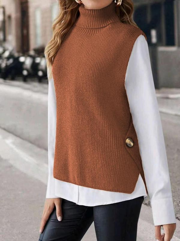 Women's Plain Button Detail High Low Split Sweater Vest, Casual Turtleneck Sleeveless Knit Top, Ladies Fall & Winter Clothes for Daily Wear, Fall Outfits, Fallfreshness