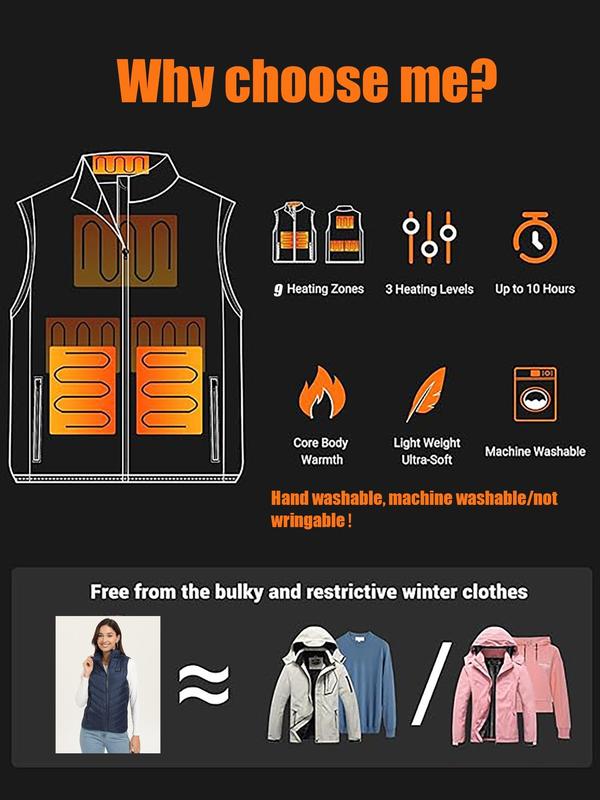 Women's Solid Color Zipper Heated Vest Jacket, Casual Pocket Funnel Neck Sleeveless Heated Vest Jacket for Fall & Winter, Women's Clothing for Outdoor Activities