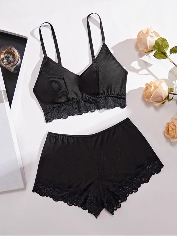 Women's Solid Contrast Lace Wireless Bra & Shorts Two-piece Set, Casual Comfy Breathable Ribbed Lingerie Set for Daily Wear, Underwear Set for Women