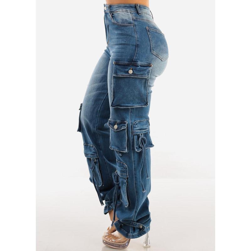 High Waisted Cargo Denim Jeans Med Wash