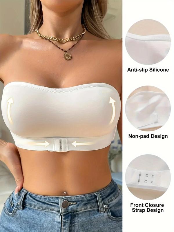 Women's Solid Wireless Bra with Clear Straps, Invisible Strapless Push Up Bra, Buckle Front Lingerie for Daily Wear, Comfortable Breathable Lingerie for Women