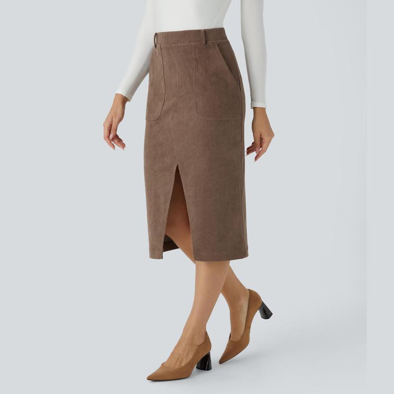 Halara Mid Rise Side Pocket Split Midi Corduroy Casual Skirt