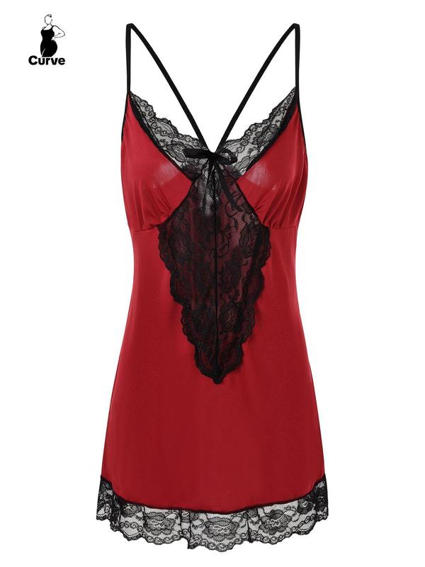 @ShopwithJulie Collection Women's Contrast Lace Criss Cross Cami Nightdress, Elegant Bow Decor Sheer Nightgown, Plus Size Homewear for Indoor, Women's Summer Wear 2024