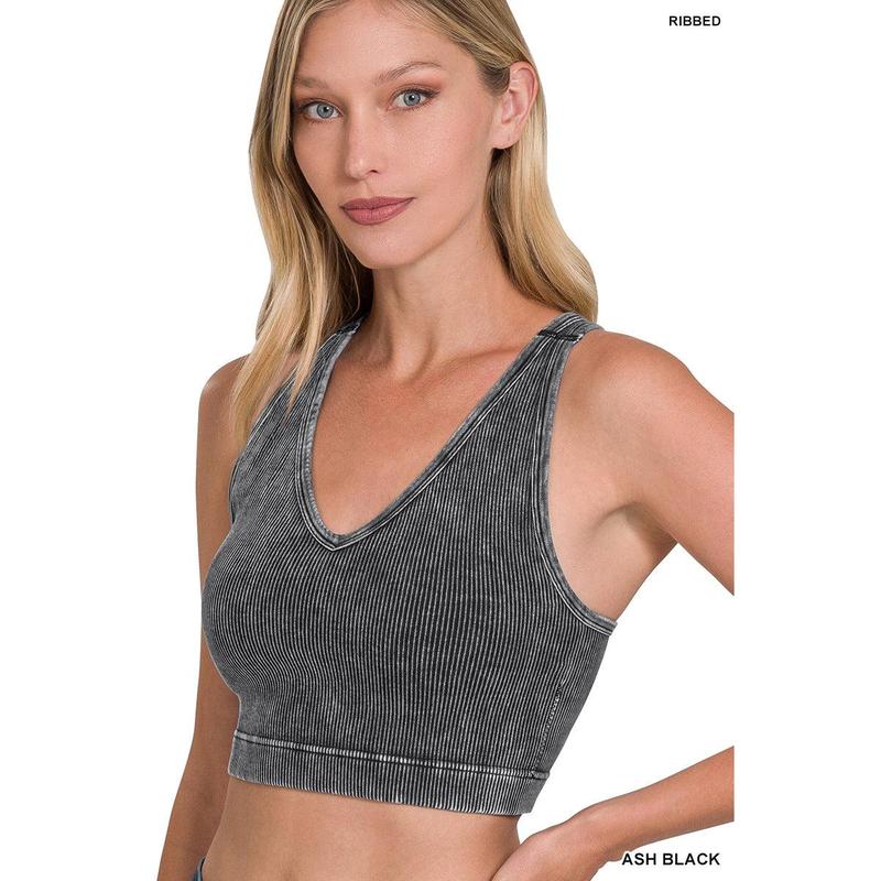 Ribbed Cropped Racerback Mineral Washed Tank Top Brami bralette with Removeable Pads by Zenana Style# 6144 Comfy Fabric