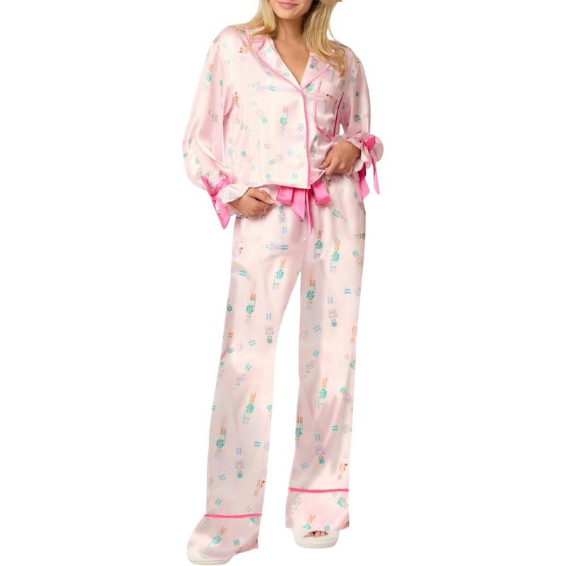 Christmas Pajamas for Women Bow Tie Long Sleeve Shirt Pants Satin Silk Funny Graphic 2 Piece Pjs Set Sleepwear Loungewear Pajama Set