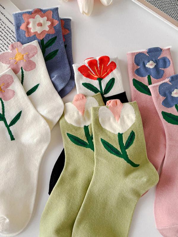 Women's 5 Pairs Floral Print Crew Socks, Fashion Casual Comfy Socks for Daily Outdoor Wear, Ladies Socks for All Seasons