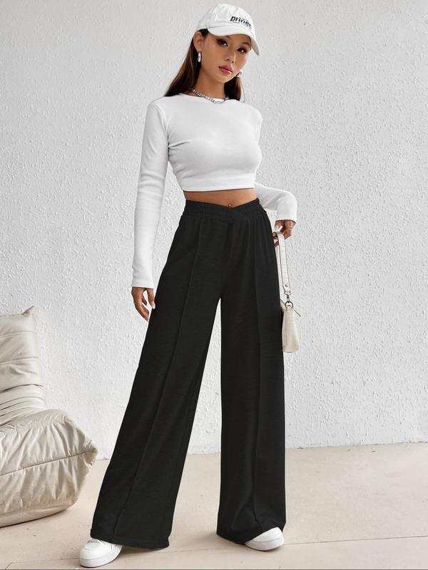  Solid Asymmetrical Wide Leg Pants, Casual Comfy Elastic Waist Trousers for Women, Women's Bottoms for Fall & Winter