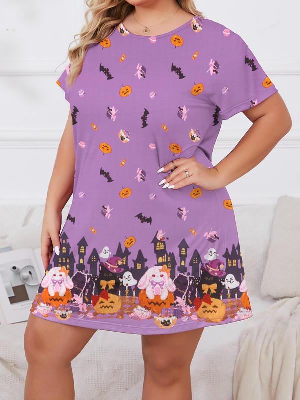 Cartoon Pumpkin & Bat Print Drop Shoulder Nightdress, Casual Comfy Halloween Short Sleeve Round Neck Nightgown for Women, Women's Sleepwear for All Seasons