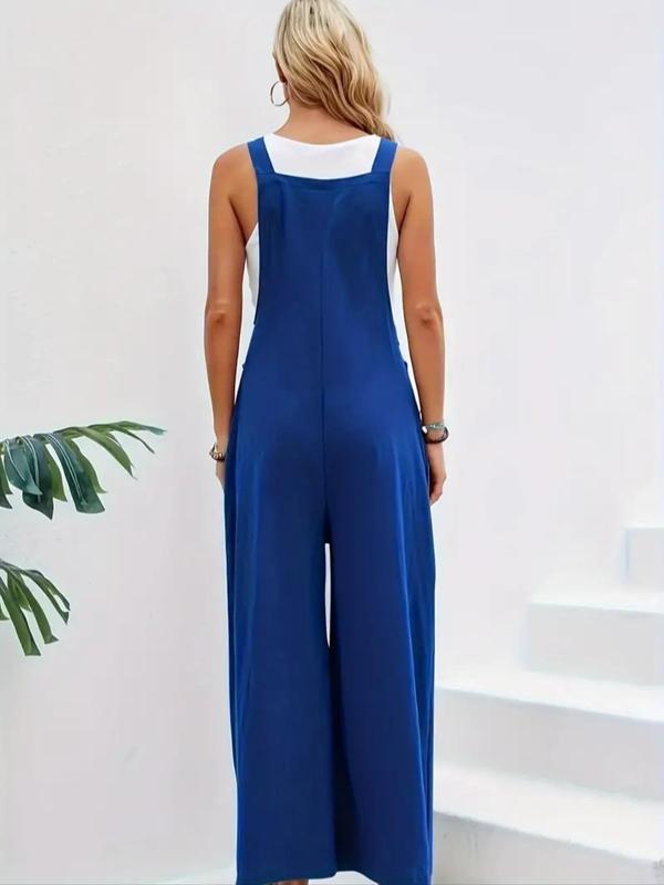 Women's Solid Button Plicated Wide Leg Jumpsuit without Inner Top & Necklace, Fashion Casual Sleeveless Pocket Jumpsuit for Daily Outdoor Wear, Ladies Clothes for All Seasons