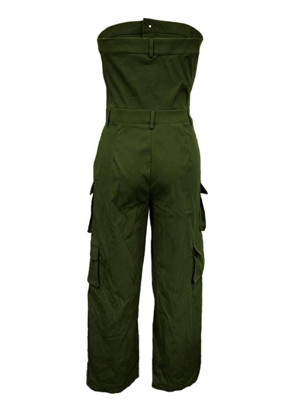 Women's Flap Pocket Button Front Tube Jumpsuit, Street Zipper Sleeveless Strapless Cargo Jumpsuit, Back To School Outfits, Ladies Clothes for All Seasons