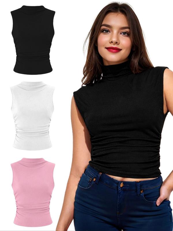 Womenswear Solid Color Mock Neck Ruched Tank Top, Comfort Basic Sleeveless Top for Daily Outdoor Wear, Minimalist Back To School Top, Summer Outfits, Y2k Clothes,  Downtown Girl Clothes