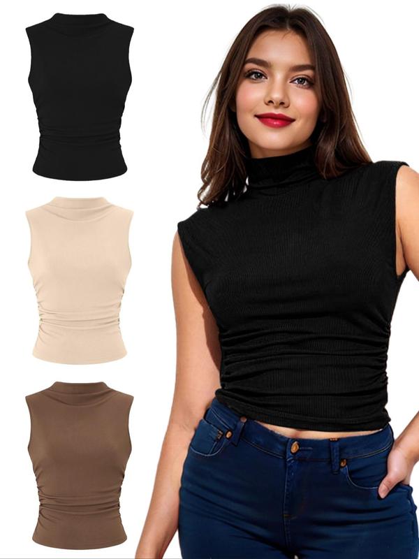 Womenswear Solid Color Mock Neck Ruched Tank Top, Comfort Basic Sleeveless Top for Daily Outdoor Wear, Minimalist Back To School Top, Summer Outfits, Y2k Clothes,  Downtown Girl Clothes