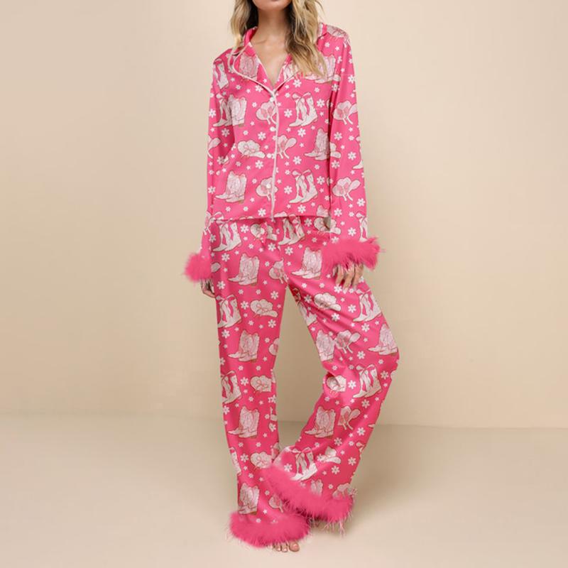 Women's Christmas 2 Pcs Pajama Set Long Sleeve Xmas Print Shirt Tops with Pants Sleepwear Loungewear Xmas Pjs