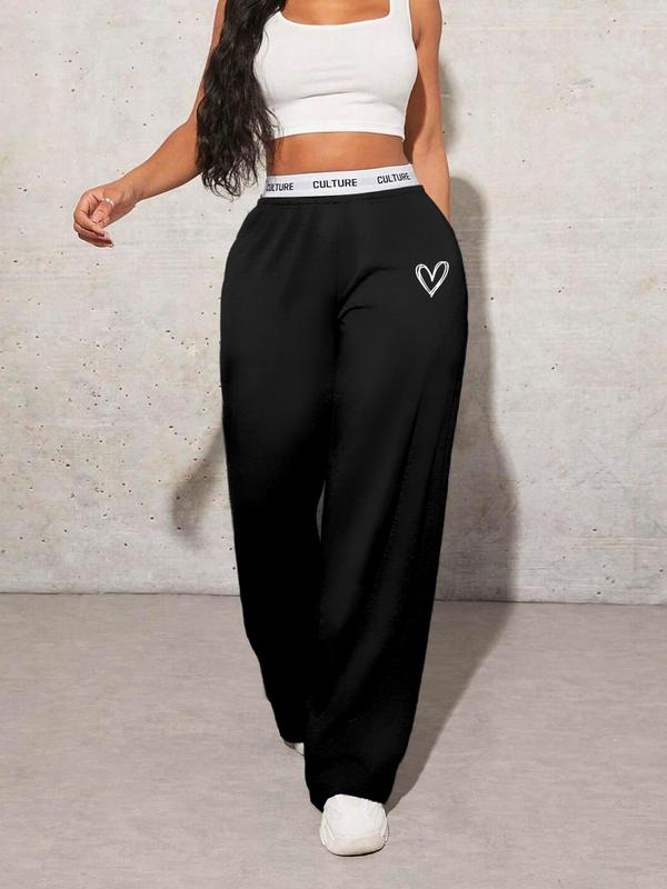 Women's Heart Print Pocket Wide Leg Sweatpants, Casual Comfy High Waist Letter Tape Trousers for Daily Wear, Ladies Bottoms for All Seasons