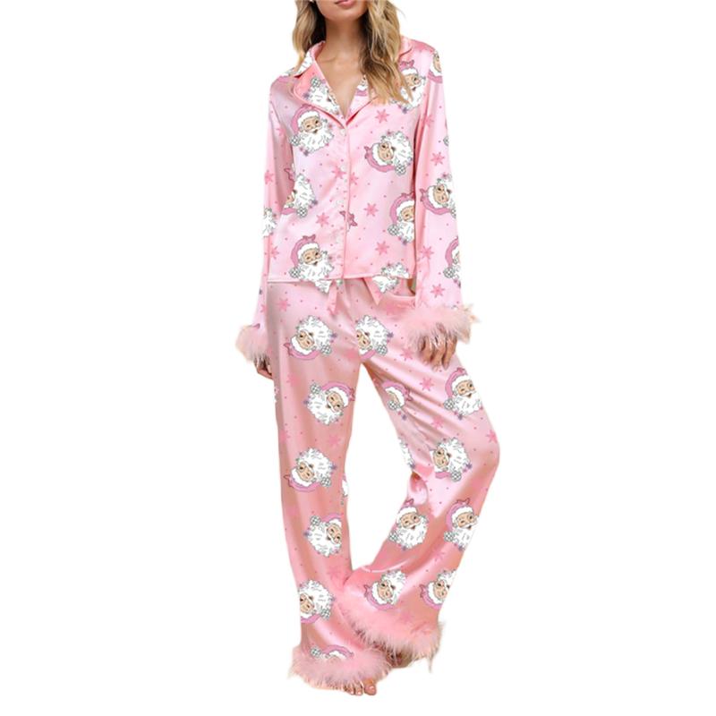 Christmas Pajamas for Women Silk Satin Lounge Sets Feather Trim Long Sleeve Shirt Pants Christmas Pjs S-XL Loungewear Nightwear