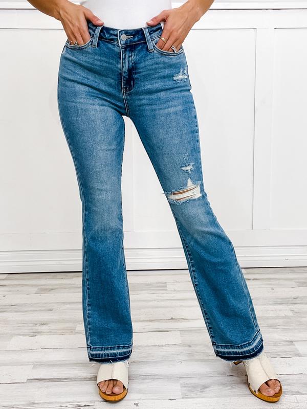 Judy Blue American Girl Mid-Rise Distressed Hem Bootcut Jeans