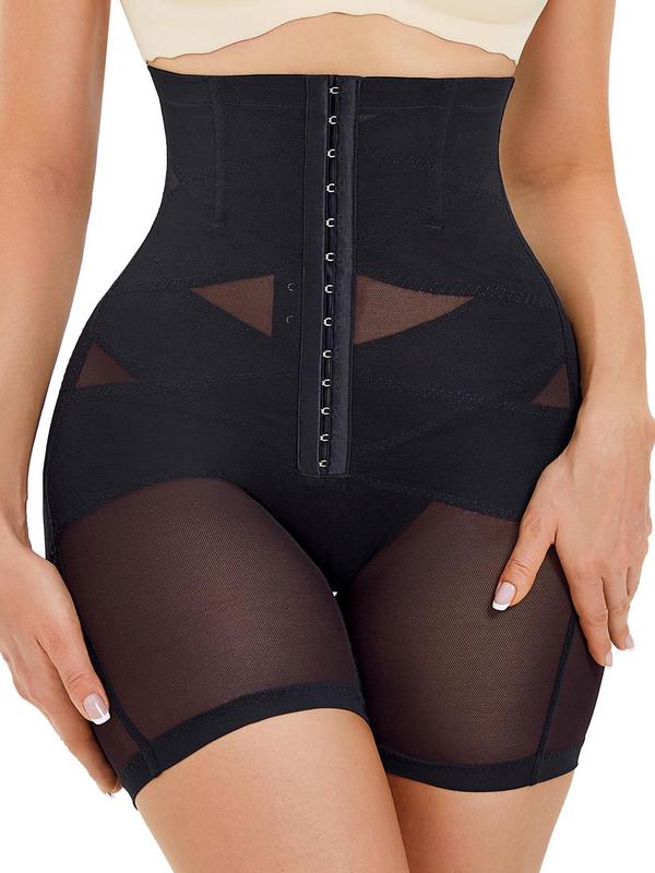 Women's Minimalist High Waist Hook & Eye Front Compression Shapewear Shorts, Sexy Casual Basic Comfort Contrast Mesh Sheer Adjustable Tummy Control Shapewear Clothing, Body Shapewear, Women's Shapewear Bottoms, Womenswear