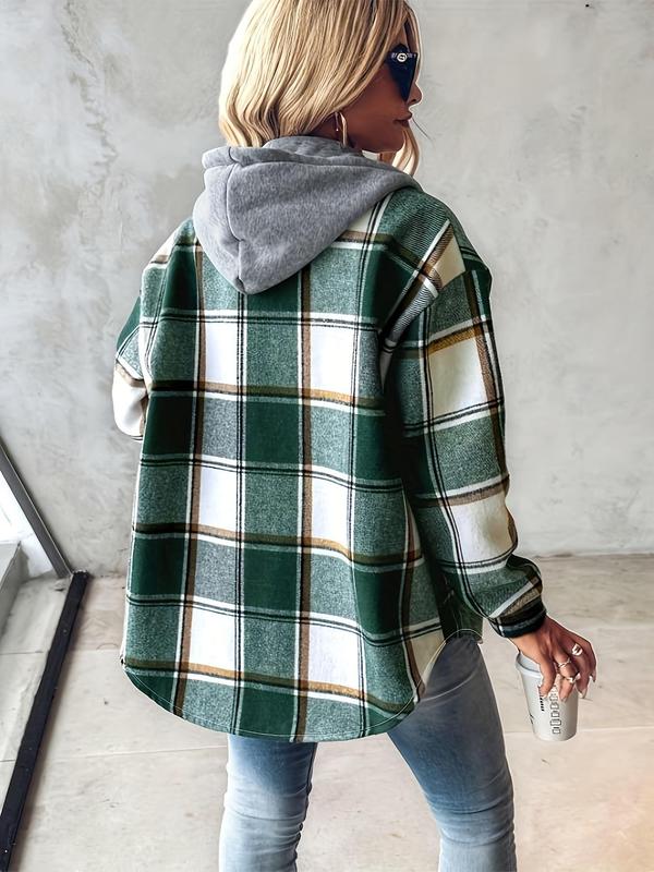 Women's Plaid Button Front Drop Shoulder Hooded Jacket, Casual Tops, Long Sleeve Drawstring Pocket Outerwear for Daily Wear, Winter Clothes Women 2024, Ladies Clothes for All Seasons