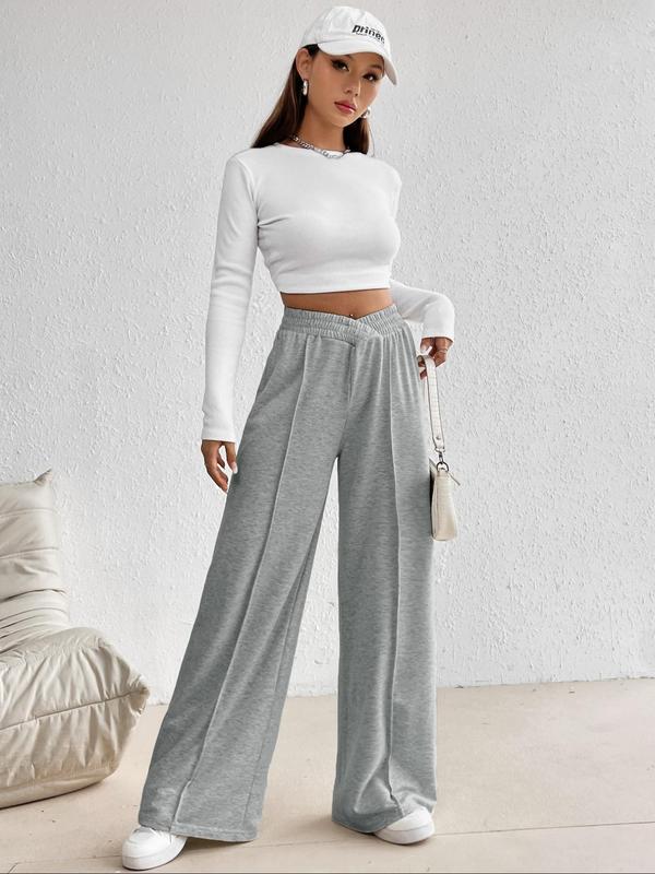  Solid Asymmetrical Wide Leg Pants, Casual Comfy Elastic Waist Trousers for Women, Women's Bottoms for Fall & Winter