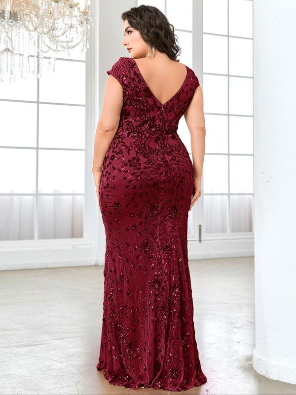 Plus Size Floral Sequins Backless Evening Dress, Elegant Deep V Neck Cap Sleeve Maxi Dress, Women's Formal Summer Clothes for Party Banquet