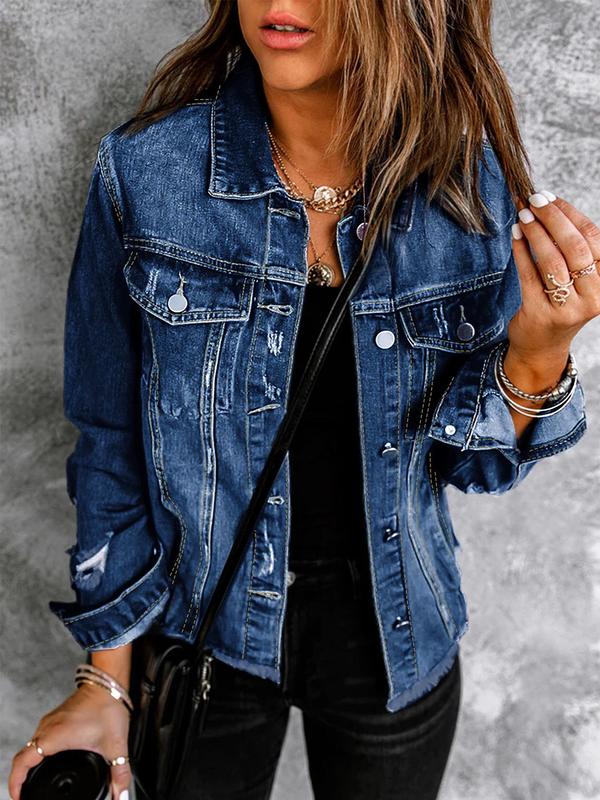 Women's Plain Button Front Raw Hem Denim Jacket, Casual Long Sleeve Collared Pocket Outerwear for Daily Wear, Ladies Tops Clothes for All Seasons