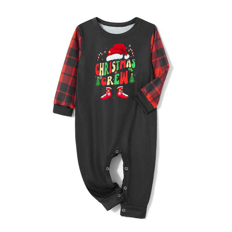 Matching Christmas Pajamas For Family Letter Santa Hat Print Long Sleeve Tops and Plaid Pants Sleepwear