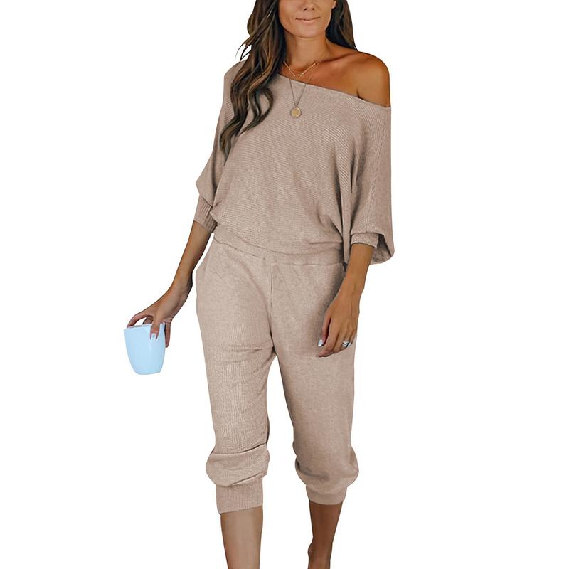 PrettyGarde Fall Outfits 2024 Women's 2-Piece Set S-XXL Ribbed Tracksuit Off Shoulder Long Sleeves Pullover Plus Size Lounge Wear With Pockets Womenswear Overalls