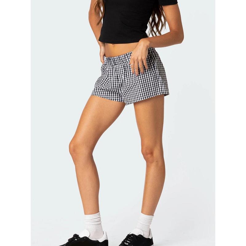 Women's Summer Casual Shorts Plaid Print Elastic Waist Loose Short Pants Pull On Lounge Shorts Womenswear Bottom