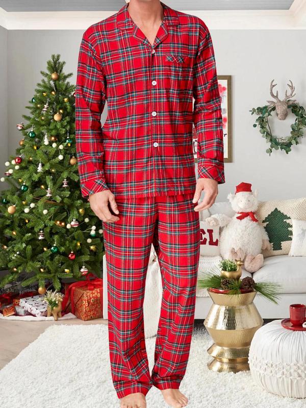 Two-Piece Set Couple's Plaid Print Button Front Pajama Set, Casual Comfy Lapel Long Sleeve Top & Elastic Waist Pants PJ Set, Couple Sleepwear for All Seasons