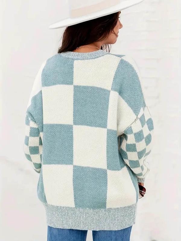 Women's Plaid Print Drop Shoulder Sweater, Casual Long Sleeve Round Neck Jumper for Fall & Winter, Fall Clothing Women, Going Out Tops, Fashion Ladies' Knitwear for Daily Wear