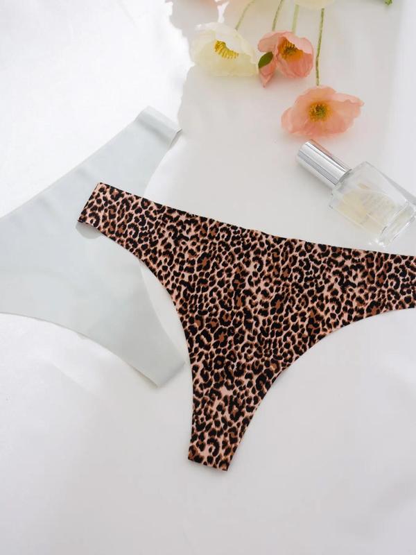 Women's Solid Color & Leopard Print Drop Waist Thong, Soft Comfy Breathable Seamless Panty for Daily Wear, Women's Underwear for All Seasons