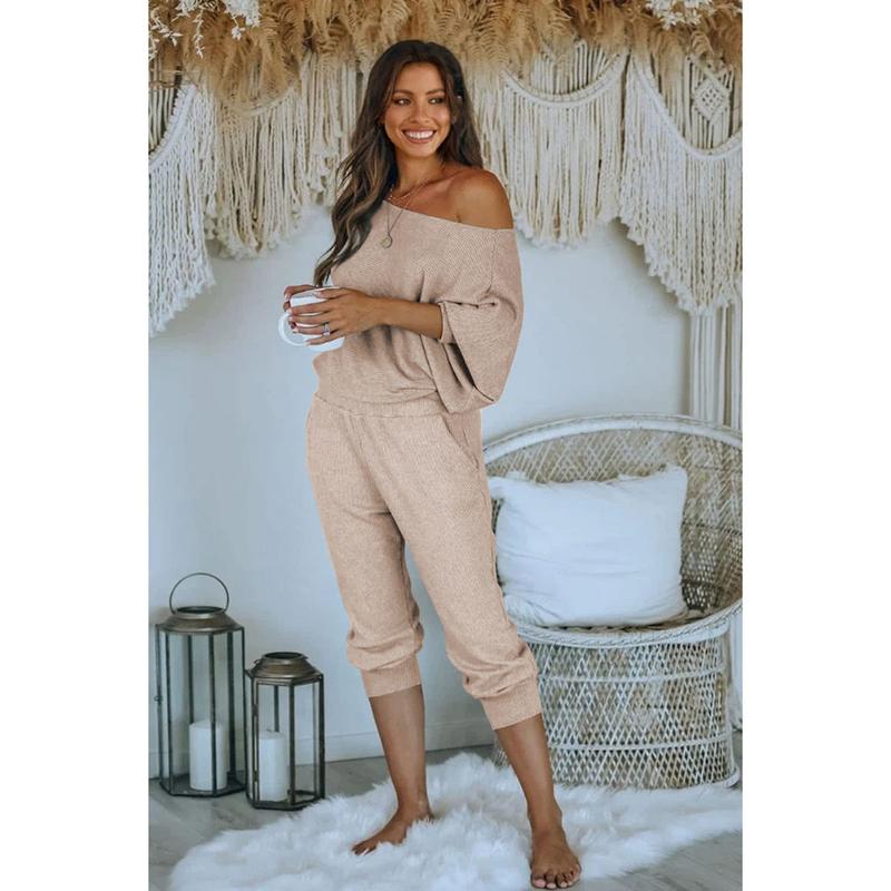 PrettyGarde Fall Outfits 2024 Women's 2-Piece Set S-XXL Ribbed Tracksuit Off Shoulder Long Sleeves Pullover Plus Size Lounge Wear With Pockets Womenswear Overalls