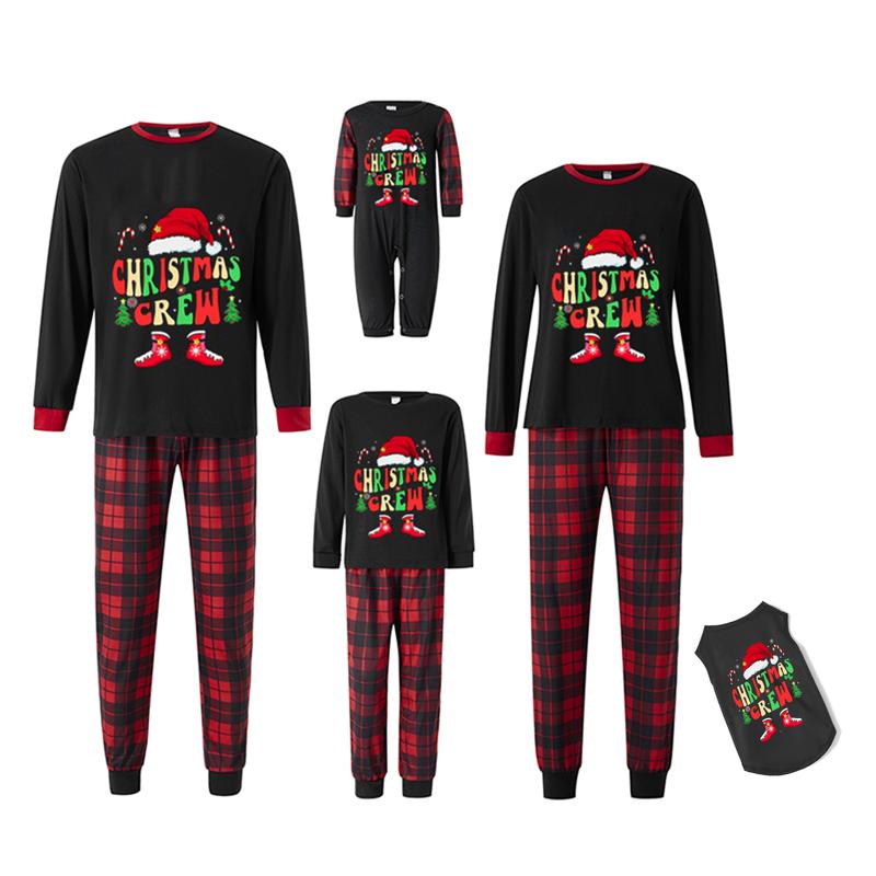 Matching Christmas Pajamas For Family Letter Santa Hat Print Long Sleeve Tops and Plaid Pants Sleepwear