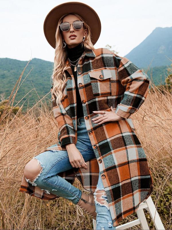 Women's Plaid Print Button Front Split Side Coat, Casual Comfy Long Sleeve Collared Outerwear for Fall & Winter, Ladies Clothes for Daily Wear